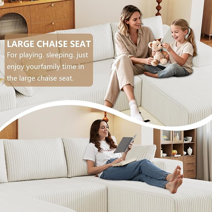 96" U-Shape Cloud Couch, Modern Modular Sectional L-Shape Sofa with Ottoman, Corduroy Upholstered Couches Deep Seat Sleeper Chaise Longue for Living Room, No Assembly Required(White, Right Facing)