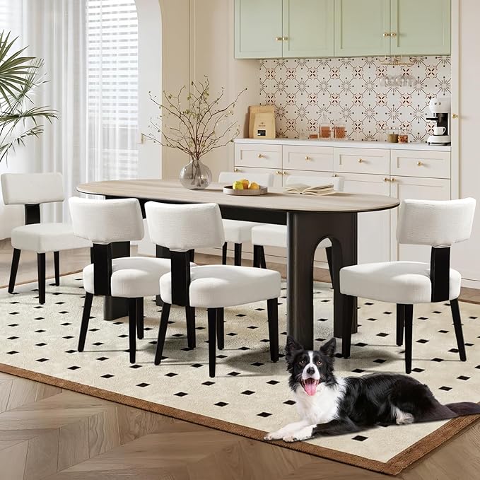 Dining Chairs Set of 6, Fabric Upholstered Wood Kitchen Chairs, Armless Linen Curved Backrest Accent Chair Farmhouse Modern Dining Chairs with Foot Pad for Kitchen/Living Room/Restaurant/Cafe-Beige