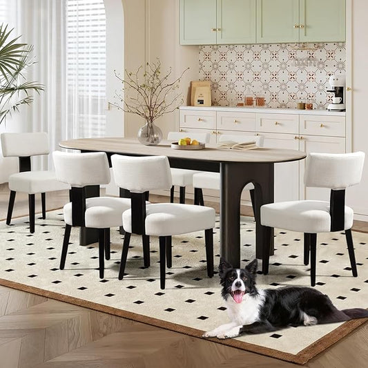 Dining Chairs Set of 6, Fabric Upholstered Wood Kitchen Chairs, Armless Linen Curved Backrest Accent Chair Farmhouse Modern Dining Chairs with Foot Pad for Kitchen/Living Room/Restaurant/Cafe-Beige