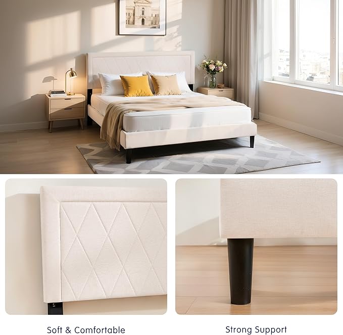 Hokway Bed Frame Upholstered Platform Bed with Headboard Wooden Slat Support No Box Spring Needed(Queen, Soft Beige)
