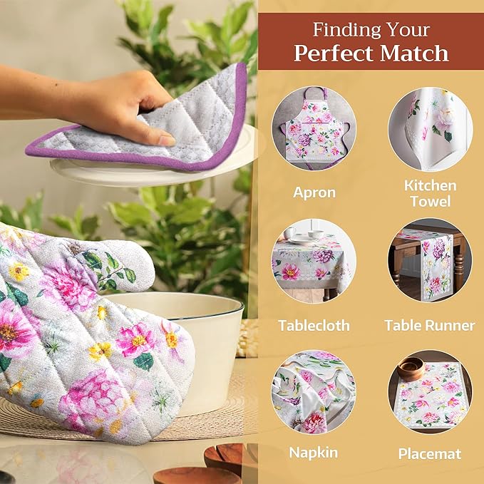 Maison d' Hermine Pot Holders Set 100% Cotton Heat Resistant Potholders 8" x 8" Hot Pads with Loop BBQ, Cooking, Baking, Grilling, Kitchen, Handling Hot Pans Spring/Summer (Pack of 2, Pivoine)