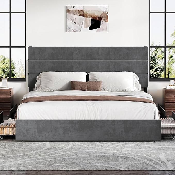 WLIVE King Size Upholstered Bed Frame with 4 Drawers and Velvet Square Tufted Headboard, Sturdy Metal & Wooden Slats Support, No Box Spring Needed, Easy Assembly, Dark Grey