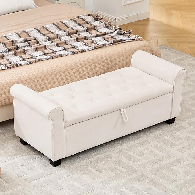 End of Bed Storage Bench for Bedroom, 49" Upholstered Storage Ottoman with Rolled Arms, Rivet Polyester Fabric Ottoman Bench for Bedroom, Living Room, Window, Entryway, Beige