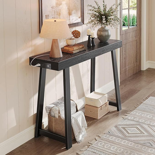 Huuger Entryway Console Table with Charging Station, USB-C Port, 39.4 Inch Sofa Table with Metal Legs, Entry Hallway Table with Thicker Desktop, Modern Behind Couch Table, Black