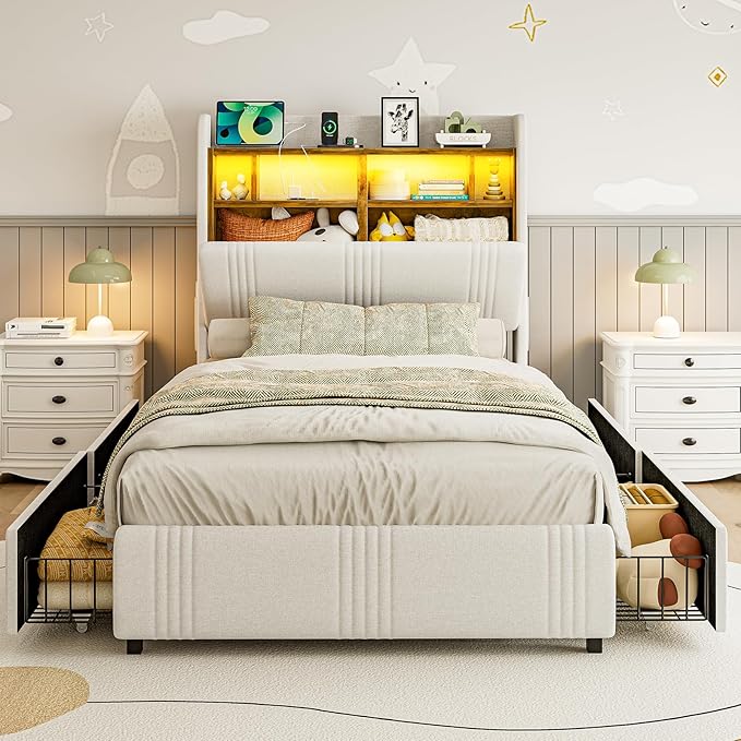 IKIFLY Twin XL Bed Frames with Hidden Storage Headboard & 4 Drawers, 49.2” Tall Upholstered Wingback Headboard with LED Lights and Charging Station, No Box Spring Needed, Solid Wood Slats, White