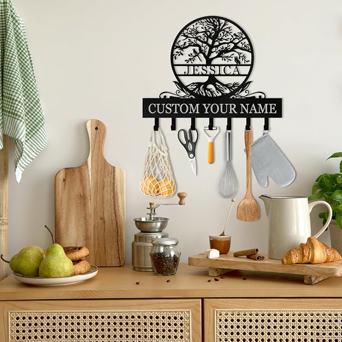 Personalized Metal Key Holder Wall Mount, Custom Name Tree of Life Key Holder for Wall, Key Organizer Rack with Hooks, Home Decor for Living Room Entryway Bathroom Kitchen, Housewarming Gifts Color04