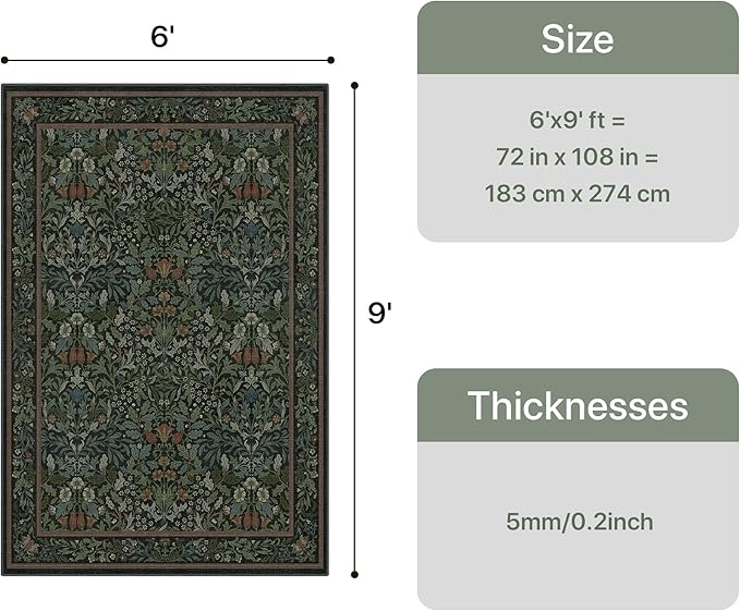 GENIMO 6x9 Washable Area Rug, Non-Slip Vintage Boho Floral Carpet, Soft Low-Pile Thin Living Room Rug for Bedroom, Dining Room, Nursery, Dark Green