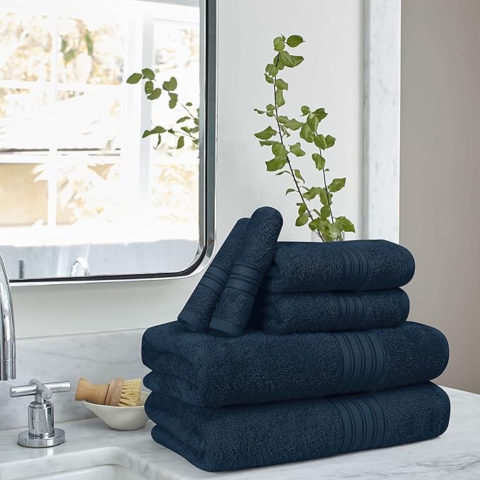 BOUTIQUO 6 Pack Cotton Towel Set, Contains 2 Bath Towels 28x55 inch, 2 Hand Towels 16x24 inch & 2 Wash Coths 12x12 inch, Ideal Everyday use, Ultra Soft Compact & Lightweight - Mineral Blue