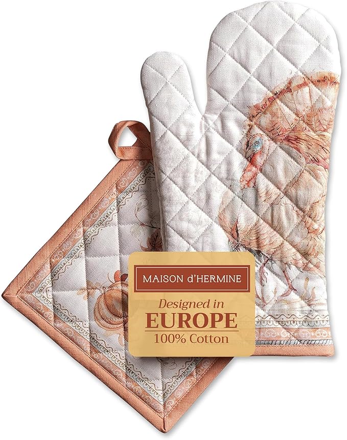 Maison d' Hermine 100% Cotton Oven Mitt & Pot Holder Set (7.5"x13" & 8"x8") Heat Resistant BBQ Cooking Gloves with Loop for Thanksgiving Christmas Decorations Handling Hot Pans (Giving Thanks)
