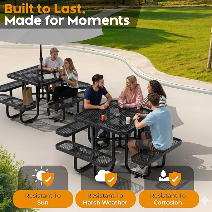 Metal Picnic Tables for Outdoors with Umbrella Hole - Coated Steel Heavy Duty Commercial Grade Furniture with Adjustable Seats (Black, 38 in, Square)