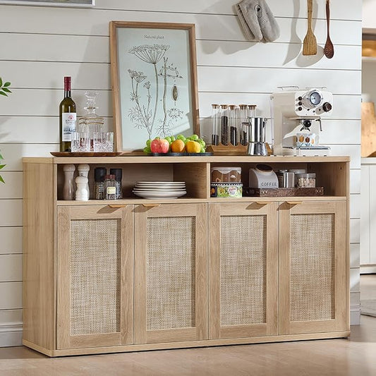 LEYAOYAO Rattan Sideboard Buffet Cabinet,55" Coffee Bar Cabinet with 4 Doors & Open Storage Shelf,Modern Credenza Console Table for Living Room Rattan Farmhouse Entryway Natural