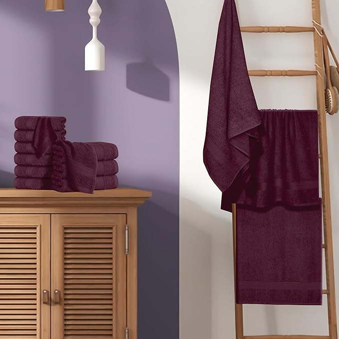 BOUTIQUO 24 Pack Cotton Towel Set, Contains 6 Bath Towels 27x54 inch, 6 Hand Towels 16x24 inch & 12 Wash Coths 12x12 inch, Ideal Everyday use, Ultra Soft Compact & Lightweight - Burgundy