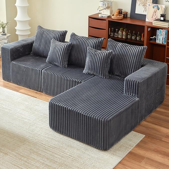 Boneless Couch, Memory Foam Couch in a Box, 100.7" Modular Sectional Couches Corduroy Fabric, Modern Sofa with Deep Seat, Compressed Sofa for Living Room, Bedroom (Grey, Right Facing Chaise)