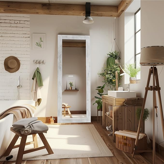 MELOMOIR Rustic Farmhouse Full Length Mirror, 64"x21" Wood Frame Floor Mirror, Free Standing Mirror Leaning Hanging Mirror, Long Mirror for Bedroom Living Room Cloakroom, Weathering White