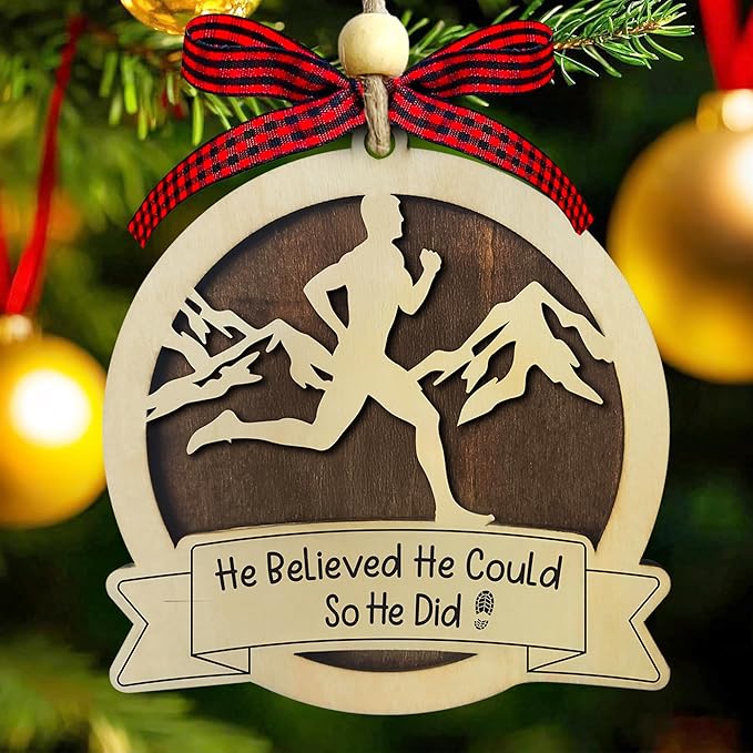 Running Christmas Ornament 2025-2 Layer Wooden Running Ornaments for Christmas Tree - Marathon Runners Wooden Xmas Tree Hanging Decor - Runner Ornament 2025 - Gifts for Runners, Cross Country Athlete