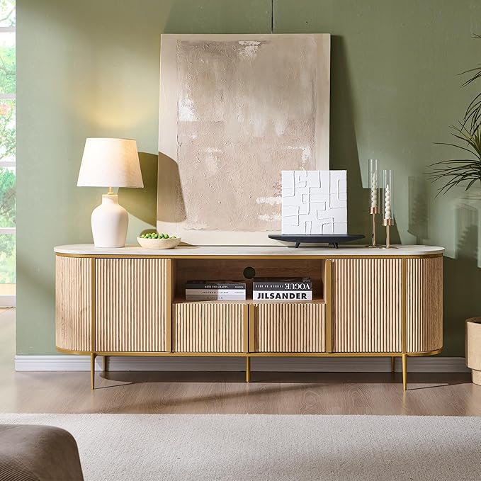 OKD Luxury 70" Fluted TV Stand, Modern Chic Entertainment Center for TVs Up to 80 inches, TV Console with Faux Marble Top, Curved Profile Design, Media Console for Living Room, Natural Oak