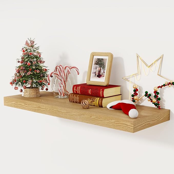 Floating Shelves 36 Inch Long, 12 Inch Deep Floating Shelves for Wall, 36 x 12 Shelves for Wall Storage & Display, 2" Thick Floating Shelf for Bathroom, Living Room, Bedroom, Oak Color, Set of 1