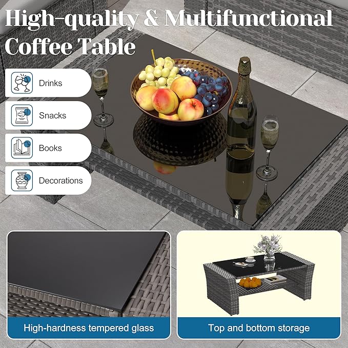 Solaste 4 Piece Outdoor Patio Furniture Set, Outdoor Sectional Sofa with Tempered Glass Coffee Table and Cushions, Wicker Rattan Patio Set for Backyard, Front Porch, Balcony, Gray