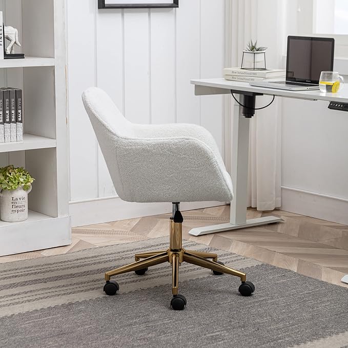 Goujxcy Fluffy Desk Chair, Faux Fur White Vanity Chair Swivel Office Chair for Girls Women, Height Adjustable Cute Teddy Furry Makeup Chairs for Bedroom Home Office