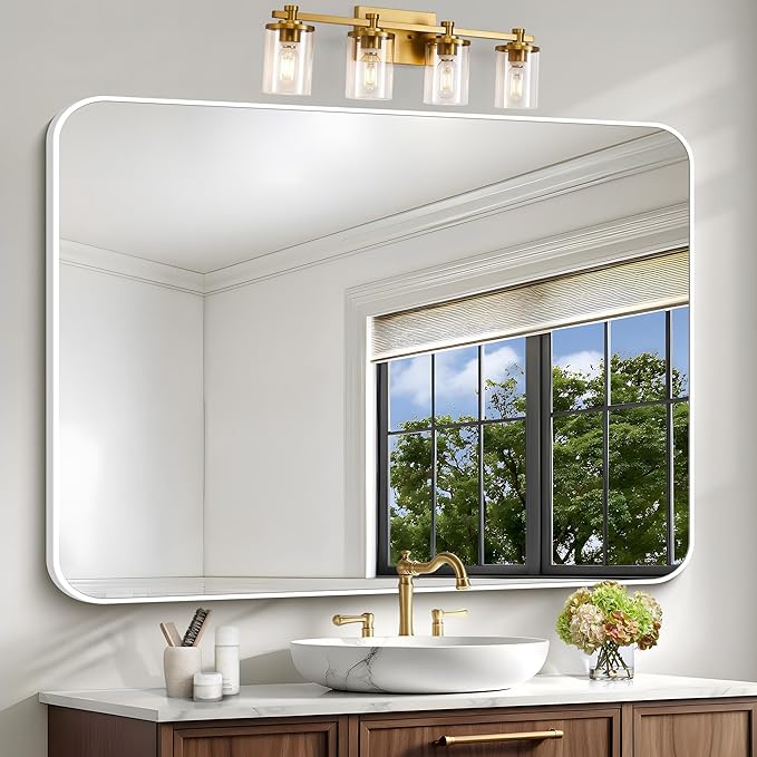 BONEWEI White Bathroom Mirror,36x48 inch Wall Mirror for Bathroom Wall Mounted,Rectangle Mirror for Bathroom Over Sink,Modern Frame Round Corner for Living Room,Bedroom Entryway,Horizontal/Vertical