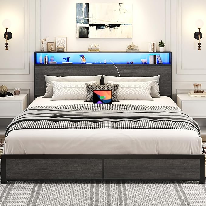 Lifezone King Bed Frame with 2-Tier Storage Headboard, Metal Platform Bed Frame with 4 Storage Drawers, Built in Charging Station & LED, Noise-Free/Metal Support/No Box Spring Needed, Rustic Grey