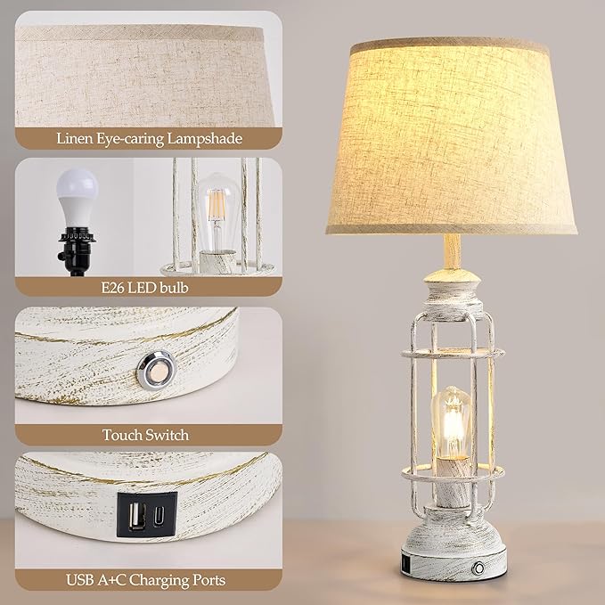 28" Table Lamps for Living Room Set of 2, 3 Way Dimmable Touch Lamps with USB A+C Ports,Farmhouse Table Lamps for Bedroom,Industrial Lamp for Living Room End Tables,4 Bulbs Included