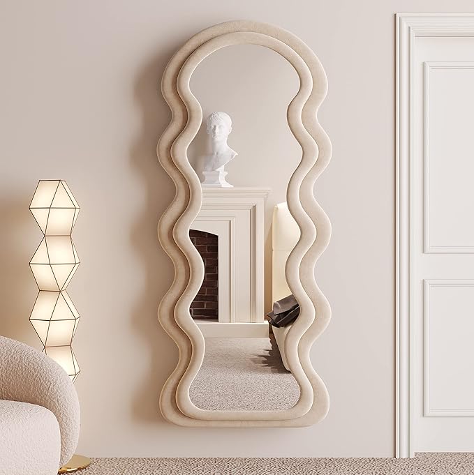 BOJOY 63"x24" Irregular Wavy Mirror, Wall Mount, Modern Bedroom Mirror, Milk Tea Color