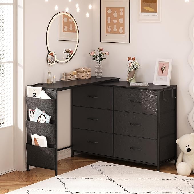 Modern Corner Vanity Desk with 6 Fabric Drawers Power Outlet Side Pocket L Shaped Drawers Makeup Desk Dressing Table for Girls Women Bedroom (Black)
