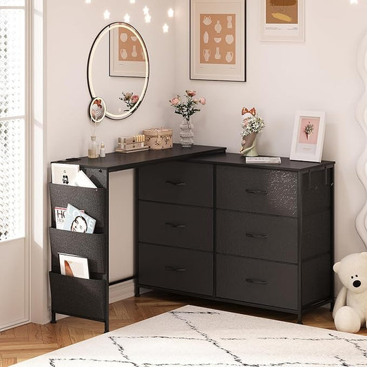 Modern Corner Vanity Desk with 6 Fabric Drawers Power Outlet Side Pocket L Shaped Drawers Makeup Desk Dressing Table for Girls Women Bedroom (Black)