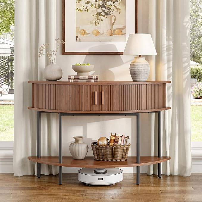 ONBRILL Half Moon Fluted Console Table, Entryway Table with Storage, Mid-Century Modern Sofa Tables, Behind Couch Tables, for Entryway, Hallway, Living Room, Small Spaces, Walnut