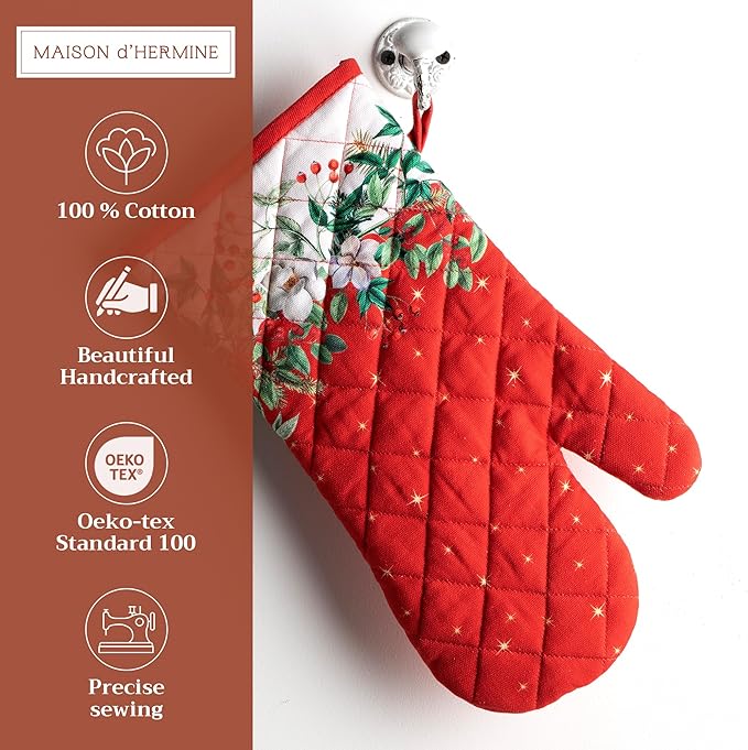 Maison d' Hermine Oven Gloves 100% Cotton Oven Mitt 7" x 13" with Loop Heat Resistant BBQ Cooking Gloves for Thanksgiving Christmas Decorations Baking Handling Hot Pans (Pack of 1, Noel)
