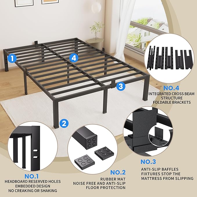 MAF Full Size Bed Frame 14 Inch Heavy Duty Metal Platform BedFrame with Black Steel Slat Support Noise Free Full-Bed-Frame, No Box Spring Needed