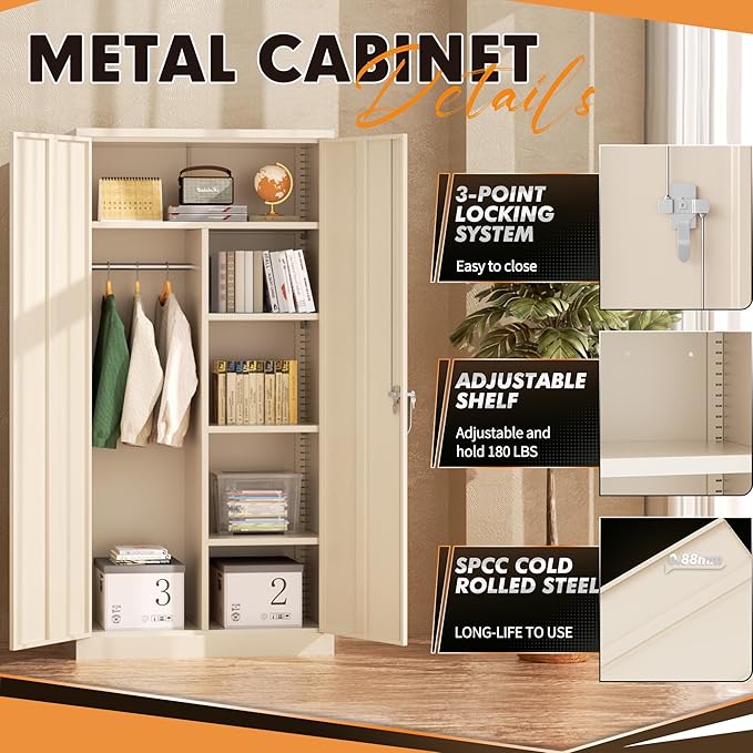 INTERGREAT Metal Wardrobe Closet, 72" Locking Storage Wardrobe Cabinet with Doors and Shelves, 18 "D Steel Clothes Storage for Office, Home, School, Gym (Warm Grey)