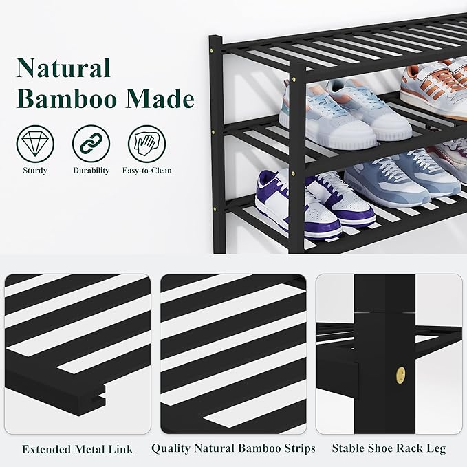 Smiry Shoe Rack, 6 Tier Thick Bamboo Shoe Organizer, Stackable Free Standing Wooden Shoe Storage Shelf for Closet, Entryway, Front Door Entrance, Black