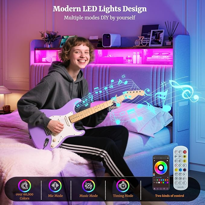 IKIFLY 49.2” Tall California King Bed Frames with 4 Storage Drawers, Upholstered Wingback Hidden Storage Headboard with LED Lights & Charging Station, No Box Spring Needed, Noise Free, Light Grey