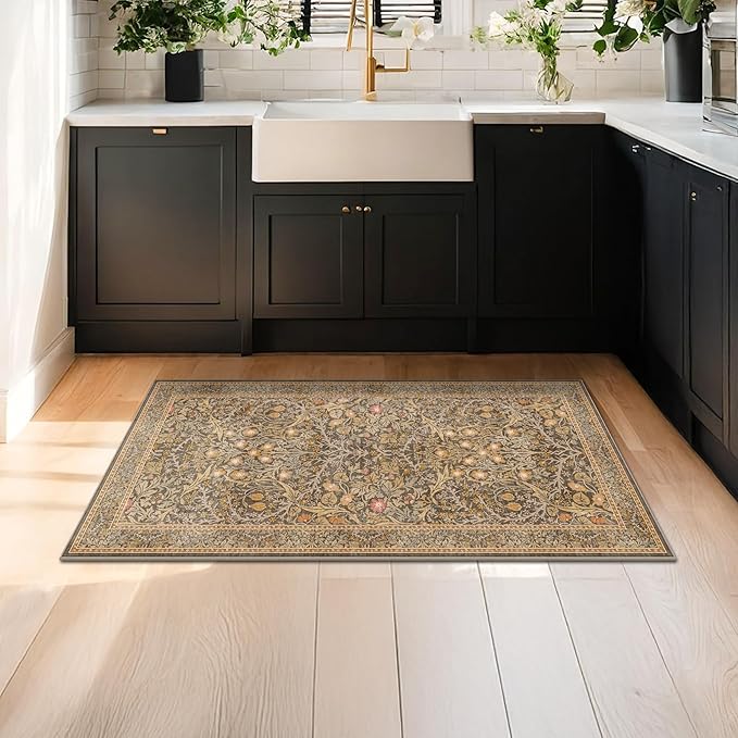 Brown Washable 2x4 Entry Rug - Front Door Rugs Indoor, Vintage Floral Style Small Rug for Kitchen, Bathroom, Non-Slip Boho Gold Entryway Décor