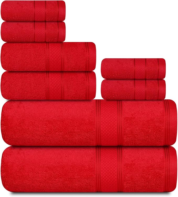 Casa Lino Bath Towel Set of 8 (2 Bath Towels, 4 Wash Cloths & 2 Hand Towels for Bathroom) - 100% Cotton - Highly Absorbent & Quick Dry - Guest Room Essentials for Bathroom Set - (Red)