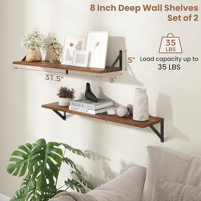 Axeman 32 Inch Floating Shelves | 8 Inch Deep Walnut Wall Shelves Set of 2 | 31.5W x 8D Rustic Wood Shelves for Bookshelf Living Room Bedroom Home Office Bathroom
