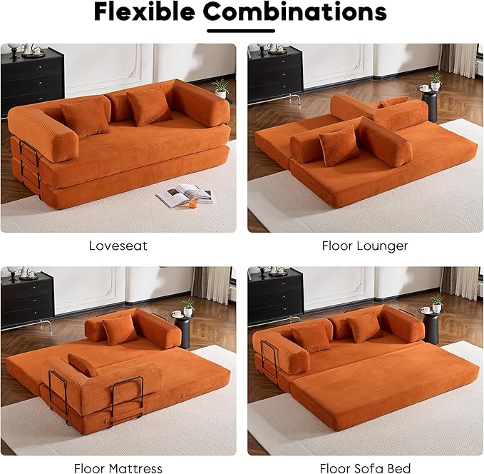 Convertible Folding Couch Bed, Comfy Corduroy Sleeper Floor Sofa Bed with Fixed-Shape Frame, Floor Sofa with Armrest, Lounge Couch for Living Room Bedroom Lounge Studio, Orange