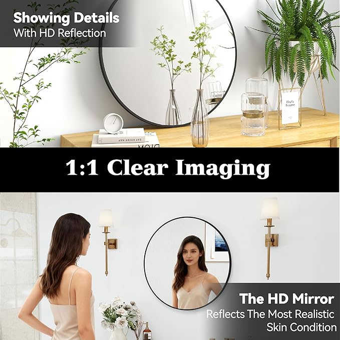 24" Round Mirror Circle Wall Mounted Hanging or Against Wall Aluminum Alloy Metal Frame Dressing Make-up Mirrors for Entryway Bedroom Bathroom Living Room 24 inch Black