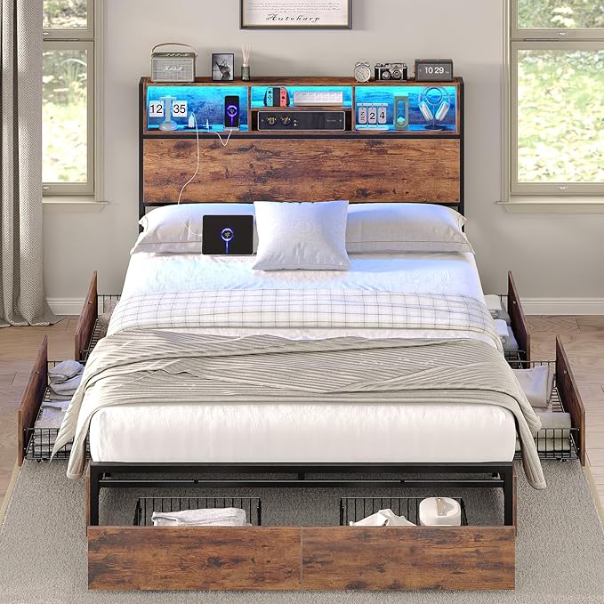 Queen Bed Frame with LED Headboard & Charging Ports, Rustic Wood Platform Bed Frame Queen Size with 6 Storage Drawers and Display Shelf, Heavy-Duty Metal Frame, No Box Spring Needed, Brown