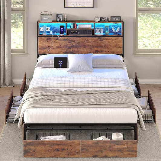 Queen Bed Frame with LED Headboard & Charging Ports, Rustic Wood Platform Bed Frame Queen Size with 6 Storage Drawers and Display Shelf, Heavy-Duty Metal Frame, No Box Spring Needed, Brown