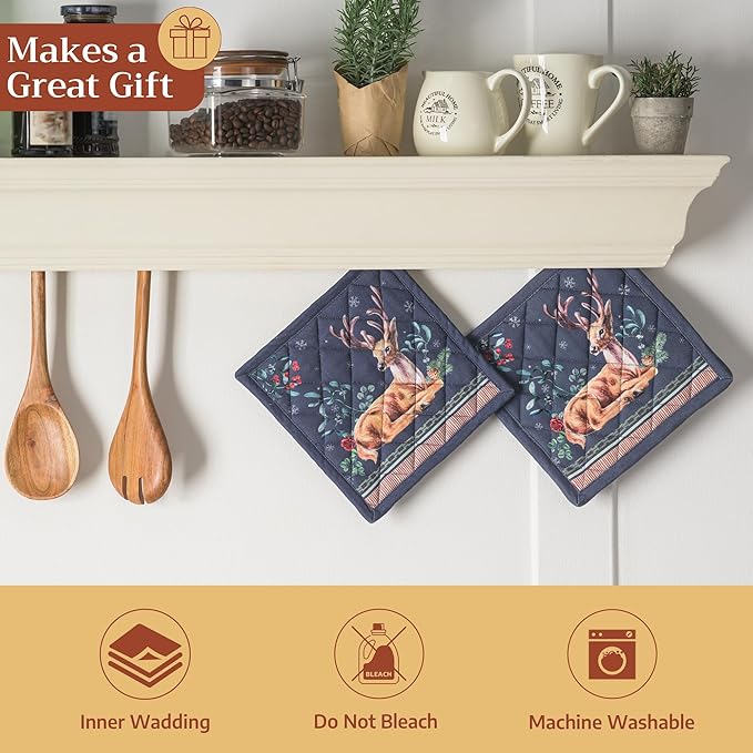 Maison d' Hermine Pot Holders Set 100% Cotton Heat Resistant Potholders 8" x 8" Hot Pads with Loop for Thanksgiving Christmas Decorations BBQ Baking Handling Hot Pans (Pack of 2, Christmas Joy)