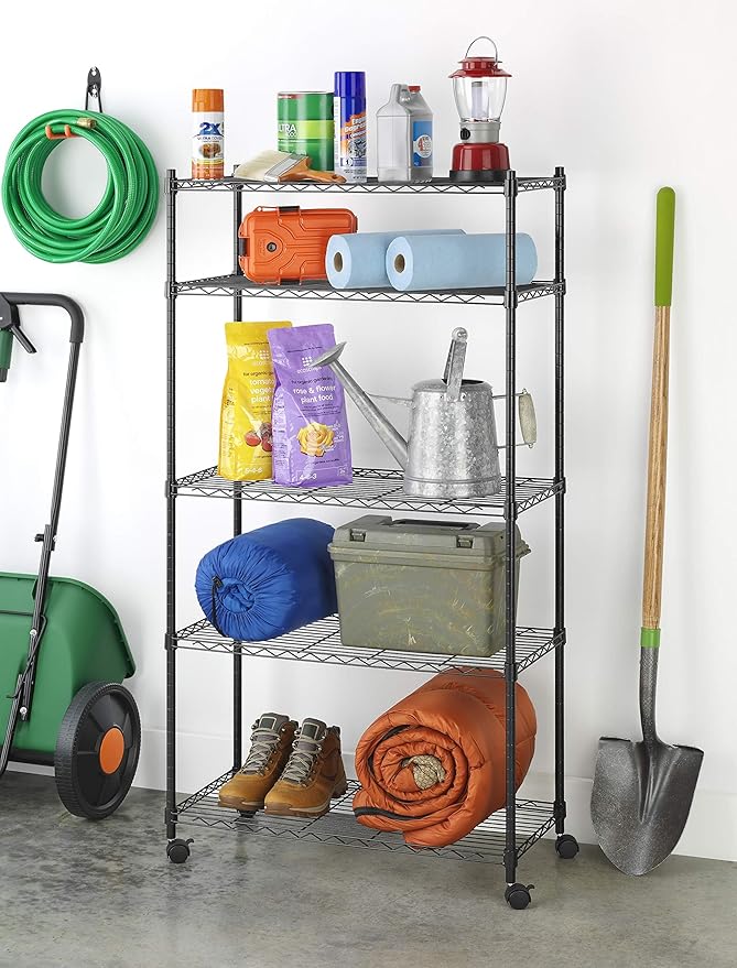 Whitmor 5 Tier Supreme Shelving Unit, Metal Storage Shelves, Adjustable Heavy Duty Shelf with Wheels, 400 lbs Capacity per Shelf, 2000 lbs Total for Pantry, Garage, Kitchen, Black