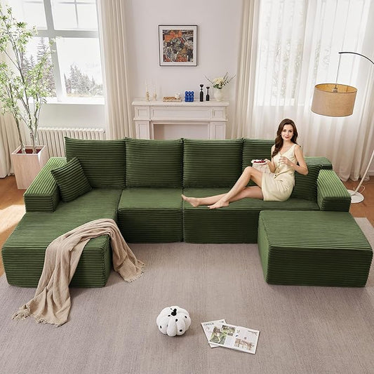 135" L-Shape Sofa with Ottoman, Modern Modular Sectional Comfy U-Shape Cloud Couch, Deep Seat, Upholstered Corduroy Sleeper Chaise Longue for Living Room Bedroom, No Assembly Required, Green