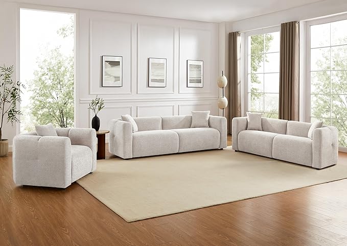 VANOMi Modular Sectional Sofa Set Oversized Cloud Couch with 95" Sofa & 42" Armchairs Living Room Furniture Set Boucle Upholstered Oversized Couch with Pillows Light Khaki 2 Sofas+1 Chair