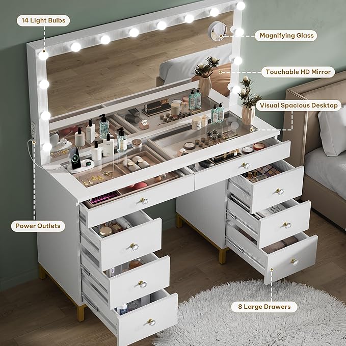 DWVO White Vanity Desk with Mirror: Makeup Table Set with 14 LED Lights & Charging Station Magnifying Mirror, 3 Light Modes, 8 Drawers and Storage Stool