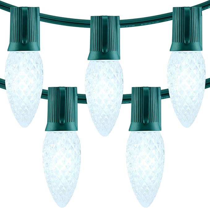 YULETIME Cool White C9 LED Christmas Lights, 25 Feet 25 Count 12" Spacing Faceted Strawberry Bulbs UL Certified Outdoor String Light Set (Cool White)