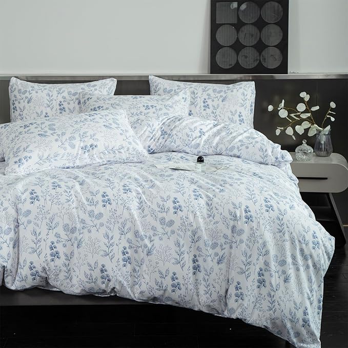 Floral Comforters Queen Size 3 Pieces Soft Chic Garden Style Blue Floral Print Lightweight Botanical Flower Comforter Set for All Seasons 1 Comforter and 2 Pillowcases