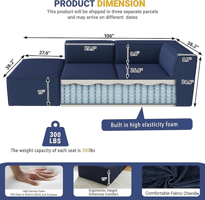 106" Sectional Compressed Sofa Modular Couches,High-Density Foam No Assembly Required,3-Piece(1xCorner 1xArmless 1xOttoman) for Living Room, Chenille Blue